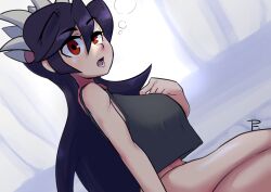 Rule 34 | 1girl, arm at side, artist logo, black hair, black shirt, confused, eyebrows, feet out of frame, female focus, filia (skullgirls), from side, half-closed eye, hand on own chest, long hair, looking at viewer, looking to the side, lower teeth only, open mouth, painting fish, red eyes, samson (skullgirls), shirt, sitting, skullgirls, sleeping, sleeveless, sleeveless shirt, solo, teeth, tongue, wariza