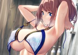 Rule 34 | 1girl, absurdres, adjusting clothes, armpits, arms behind head, arms up, baffu, bikini, blue eyes, blue ribbon, blush, breasts, brown hair, cleavage, collarbone, commentary request, covered erect nipples, dressing, floral print, gold trim, highres, hitoyo (baffu), indoors, large breasts, navel, open mouth, original, print bikini, ribbon, short hair, shower (place), showering, sidelocks, soap bottle, solo, swimsuit, underboob, untied bikini, upper body, wet, white bikini