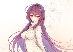 Rule 34 | 1girl, ahoge, alternate costume, arms behind back, bad id, bad pixiv id, breasts, closed mouth, fate/grand order, fate (series), floral background, laurelfalcon, long hair, long sleeves, looking at viewer, medium breasts, purple hair, red eyes, scathach (fate), scathach (fate), smile, solo, straight hair, sweater, turtleneck, turtleneck sweater, upper body, very long hair, white sweater