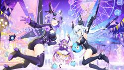 Rule 34 | 3girls, benghuai xueyuan, black heart (neptunia), black leotard, blue eyes, boots, breasts, character request, choujigen game neptune, cleavage, covered navel, crossover, ferris wheel, fireworks, full body, gloves, hair between eyes, high heel boots, high heels, highres, holding, holding wand, homu (honkai impact), honkai (series), large breasts, leotard, long hair, magical girl, medium breasts, mihoyo, multiple girls, neptune (series), night, official art, open mouth, purple hair, purple heart (neptunia), resized, sirin, symbol-shaped pupils, third-party source, wand, white hair, yellow eyes