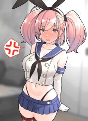 Rule 34 | 1girl, anger vein, atlanta (kancolle), black hairband, black neckerchief, black panties, blue sailor collar, blue skirt, blurry, blurry background, blush, breasts, brown hair, collarbone, cosplay, cowboy shot, crop top, elbow gloves, furaggu (frag 0416), gloves, grey eyes, hairband, highleg, highleg panties, highres, kantai collection, large breasts, long hair, microskirt, miniskirt, neckerchief, nose blush, panties, pleated skirt, sailor collar, shimakaze (kancolle), shimakaze (kancolle) (cosplay), shirt, skirt, sleeveless, sleeveless shirt, solo, spoken anger vein, striped clothes, striped thighhighs, thighhighs, two side up, underwear, white gloves