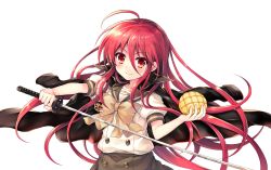 Rule 34 | 1girl, ahoge, black jacket, blush, bow, bread, brown sailor collar, brown skirt, closed mouth, commentary request, food, hair between eyes, holding, holding food, holding sword, holding weapon, jacket, jacket on shoulders, katana, long hair, melon bread, orange bow, puffy short sleeves, puffy sleeves, red eyes, red hair, sailor collar, school uniform, serafuku, shakugan no shana, shana, short sleeves, simple background, skirt, smile, solo, sword, tachitsu teto, very long hair, weapon, white background