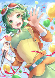 Rule 34 | 1girl, absurdres, antenna hair, balloon, belt, blush, brooch, cropped jacket, day, goggles, goggles on head, green eyes, green hair, gumi, gumi (ai megpoid), highres, holding, holding microphone, jewelry, long hair, looking at viewer, mai mugi, microphone, open mouth, red-tinted eyewear, ribbon, see-through, see-through shirt, skirt, sky, smile, solo, strapless, tinted eyewear, tube top, vocaloid, waving