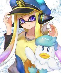 Rule 34 | 1girl, agent 3 (splatoon), animal, bird, blonde hair, blue headwear, closed mouth, collarbone, company connection, creatures (company), crossover, duck, game freak, gradient hair, hand on headwear, hands up, hat, headgear, highres, inkling, inkling girl, inkling player character, long hair, multicolored hair, nintendo, oniku (onikuoekaki), outline, patchwork clothes, peaked cap, pokemon, pokemon (creature), purple eyes, purple hair, quaxly, smile, splatoon (series), splatoon 3, squid girl, squidbeak splatoon, stitches, tentacle hair, two-tone hair, white outline