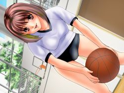 Rule 34 | 1girl, ball, basketball, bent over, breasts, buruma, cowboy shot, female focus, game cg, gym, gym uniform, indoors, joy ride, libido, looking at viewer, plant, red hair, short hair, solo, standing, tongue, tongue out, tree
