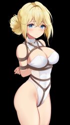 Rule 34 | 1girl, absurdres, alternate costume, azur lane, bare shoulders, bdsm, black background, blonde hair, blue eyes, blush, bondage, bound, breasts, close-up, closed mouth, commentary request, crotch rope, formal, hair ornament, highleg, highleg leotard, highres, jeanne d&#039;arc (azur lane), large breasts, leotard, looking at viewer, restrained, short hair, simple background, solo, suit, thighhighs, thighs, white suit, yuuraku yuraku