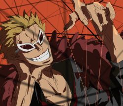 Rule 34 | 1boy, black shirt, blonde hair, collared shirt, donquixote doflamingo, dutch angle, feather boa, feathers, grin, highres, male focus, mrjieshisu, one piece, orange background, partially unbuttoned, portrait, red background, red feathers, shirt, short hair, smile, solo, spiked hair, toned, toned male, tsurime, v-shaped eyebrows, very short hair