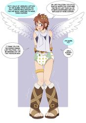 Rule 34 | 1boy, angel wings, blush, brown hair, diaper, english text, green diaper, kid icarus, kid icarus uprising, knees together feet apart, looking to the side, nintendo, pieceofsoap, pit (kid icarus), shaking, star (symbol), star print, tagme, wings