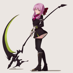 Rule 34 | 08191224k, 1girl, absurdres, black footwear, black thighhighs, boots, bow, gloves, hair bow, head tilt, highres, hiiragi shinoa, holding, holding scythe, long hair, looking at viewer, looking to the side, owari no seraph, purple hair, red bow, scythe, simple background, smile, solo, thighhighs, white background, white gloves