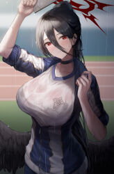 Rule 34 | 1girl, absurdres, arm up, black choker, black hair, black wings, blue archive, blue jacket, blurry, blurry background, blush, bra, bra visible through clothes, breasts, choker, closed mouth, collarbone, commentary, feathered wings, gym uniform, hair between eyes, halo, hand up, hasumi (blue archive), hasumi (track) (blue archive), high ponytail, highres, holding, jacket, large breasts, long hair, looking at viewer, low wings, mole, mole under eye, multicolored clothes, multicolored jacket, official alternate costume, outdoors, partially unzipped, ponytail, rain, red eyes, see-through, shirt, sidelocks, sleeves rolled up, smile, solo, torrentduck, track and field, track jacket, two-tone jacket, underwear, upper body, wet, wet clothes, white shirt, wings, zipper pull tab