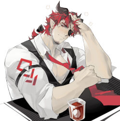 Rule 34 | 1boy, absurdres, arknights, demon horns, drunk, facial hair, goatee stubble, highres, hoederer (arknights), horns, long hair, looking at viewer, male focus, red eyes, red hair, shirt, sideburns stubble, squeans, stubble, yaoyaore