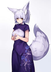 Rule 34 | 1girl, absurdres, alternate costume, animal ear fluff, animal ears, blue bow, blue hair, blunt bangs, blush, bow, bowchan, china dress, chinese clothes, closed mouth, commentary, cowboy shot, dress, floral print, fox ears, fox girl, fox tail, hair bow, highres, jitome, light blue hair, looking at viewer, machikado mazoku, own hands together, purple dress, riko (machikado mazoku), short hair, short sleeves, shy, sidelocks, simple background, solo, standing, steepled fingers, tail, tail raised, white background, yellow eyes