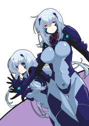 Rule 34 | 2girls, blue hair, breasts, covered navel, cryska barchenowa, fortified suit, frown, gluteal fold, highres, inia sestina, kamon rider, large breasts, leaning forward, medium breasts, multiple girls, muv-luv, muv-luv alternative, muv-luv total eclipse, open hand, pilot suit, purple eyes, skin tight, smile, v-shaped eyebrows, waving