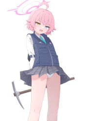 Rule 34 | 1girl, absurdres, ahoge, black skirt, black vest, blue archive, blue eyes, blush, collared shirt, feet out of frame, halo, heterochromia, highres, holding, holding pickaxe, hoshino (blue archive), hoshino (young) (blue archive), long sleeves, mizusaki (kn27), open mouth, panties, pickaxe, pink hair, pink halo, pleated skirt, shirt, short hair, simple background, skirt, solo, underwear, vest, white background, white panties, white shirt, yellow eyes