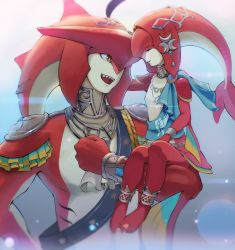 Rule 34 | 1boy, 1girl, :d, breasts, brother and sister, closed eyes, collarbone, colored skin, facing another, fins, fish girl, grey background, hair ornament, happy, highres, jewelry, long hair, mipha, monster girl, multicolored skin, nintendo, no eyebrows, open mouth, pointy ears, red skin, saburou (jako), sharp teeth, shoulder plates, siblings, sidon, sitting, size difference, smile, teeth, the legend of zelda, the legend of zelda: breath of the wild, upper teeth only, yellow eyes, zora