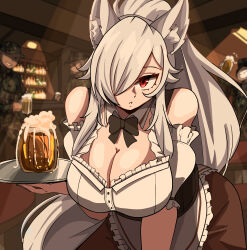 Rule 34 | 1girl, 3boys, animal ear fluff, animal ears, apron, arm garter, bar (place), beer mug, black bow, black bowtie, bottle, bow, bowtie, breasts, brown dress, camouflage, camouflage jacket, camouflage pants, cleavage, collar, cup, detached collar, discordia (vtuber), dress, fox ears, fox girl, fox tail, froth, grey hair, hair over one eye, hat, highres, jacket, large breasts, long hair, mug, multiple boys, notus 49, pants, red eyes, second-party source, tail, vfleet, waitress, white apron, white collar