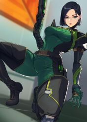 Rule 34 | 1girl, absurdres, animification, black footwear, black hair, blurry, blurry background, bodysuit, boots, breasts, frown, gloves, green bodysuit, green eyes, green gloves, gun, hair behind ear, highres, holding, holding gun, holding weapon, kagematsuri, medium breasts, short hair, shotgun, solo, thigh boots, twitter username, v-shaped eyebrows, valorant, viper (valorant), weapon