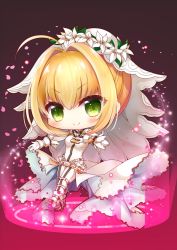 Rule 34 | &gt;:), 1girl, ahoge, big head, blonde hair, blush, bodysuit, boots, breasts, chain, chibi, commentary request, fate/extra, fate/extra ccc, fate (series), flower, full body, gloves, green eyes, hair between eyes, hair flower, hair intakes, hair ornament, lock, long sleeves, medium breasts, nero claudius (bride) (fate), nero claudius (fate), nero claudius (fate) (all), padlock, shoe soles, short hair, solo, v-shaped eyebrows, veil, white bodysuit, white flower, white footwear, white gloves, yukiyuki 441