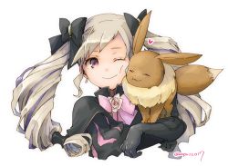 Rule 34 | 1girl, black bow, black gloves, blonde hair, bow, closed mouth, creatures (company), earrings, eevee, elise (fire emblem), fire emblem, fire emblem fates, game freak, gen 1 pokemon, gloves, hair bow, jewelry, long hair, multicolored hair, nintendo, one eye closed, pink bow, pokemon, pokemon (creature), purple eyes, purple hair, robaco, simple background, smile, twintails, twitter username, white background