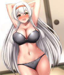 Rule 34 | 1girl, absurdres, armpits, arms behind head, arms up, blurry, blurry background, blush, bra, breasts, brown eyes, cleavage, collarbone, commentary request, commission, cowboy shot, grey bra, grey panties, hair between eyes, hairband, highres, indoors, kantai collection, large breasts, long hair, looking at viewer, navel, open mouth, orange hairband, panties, pixiv commission, shoukaku (kancolle), silver hair, solo, sweat, underwear, zanntetu