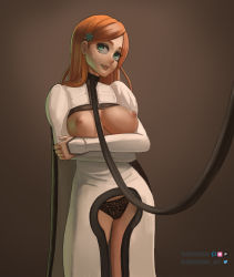 Rule 34 | 1girl, alternate costume, bdsm, black panties, bleach, breasts, breasts out, cleavage cutout, clothing cutout, collar, crossed arms, crotchless, green eyes, hair ornament, highres, inoue orihime, lace, lace panties, large breasts, leash, long hair, nipples, no bra, orange hair, panties, parted bangs, revealing clothes, slave, snowflake hair ornament, solo, standing, sweatdrop, tumtumisu, underwear