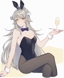 Rule 34 | 1girl, absurdres, ahoge, alternate costume, animal ears, bad id, bad twitter id, black leotard, black pantyhose, blue bow, blue bowtie, blue nails, bow, bowtie, breasts, cleavage, closed mouth, cropped legs, crossed legs, cup, grey eyes, grey hair, headgear, highres, holding, holding tray, invisible chair, kantai collection, leotard, long hair, looking at viewer, medium breasts, nail polish, pantyhose, playboy bunny, rabbit ears, simple background, sitting, solo, su konbu, tray, very long hair, washington (kancolle), wrist cuffs