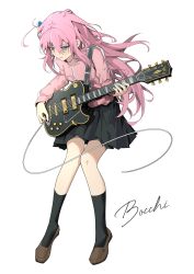 Rule 34 | 1girl, absurdres, black socks, blue eyes, bocchi the rock!, brown footwear, closed mouth, cube hair ornament, electric guitar, full body, gibson les paul, gotoh hitori, guitar, hair between eyes, hair ornament, highres, holding, holding instrument, holding plectrum, instrument, jacket, khrnnfz, loafers, long hair, long sleeves, one side up, pink hair, pink jacket, pink lips, pleated skirt, plectrum, school uniform, shoes, simple background, skirt, socks, solo, track jacket, white background