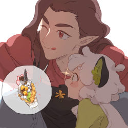 Rule 34 | 2boys, animal ears, bean mr12, brown hair, cat boy, cat ears, flower, food, long hair, luo xiaohei, luo xiaohei (human), luo xiaohei zhanji, luozhu (the legend of luoxiaohei), multiple boys, one eye closed, pointy ears, profile, red eyes, shadow, short hair, simple background, speech bubble, tongue, tongue out, upper body, white background, white hair, yellow flower