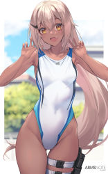 Rule 34 | 1girl, adjusting clothes, adjusting swimsuit, arms note, bare shoulders, blue one-piece swimsuit, blush, brown eyes, competition swimsuit, covered navel, dark-skinned female, dark skin, fang, fukai ryosuke, hair ornament, hairclip, highleg, highleg swimsuit, highres, holster, holstered, leg holster, long hair, looking at viewer, one-piece swimsuit, open mouth, outdoors, smile, solo, standing, strap pull, swimming club kouhai (fukai ryousuke), swimsuit, thigh holster, white hair, white one-piece swimsuit