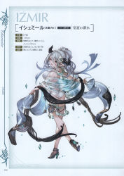 Rule 34 | 1girl, absurdres, ass, bare shoulders, blue eyes, breasts, character name, draph, full body, granblue fantasy, hair ornament, high heels, highres, holding, horns, izmir, izmir (summer) (granblue fantasy), large breasts, long hair, looking at viewer, looking back, minaba hideo, official art, open mouth, pointy ears, red eyes, scan, see-through, simple background, solo, standing, swimsuit