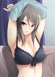 Rule 34 | 1girl, armpits, arms up, black bra, blue eyes, bow, bow bra, bra, breasts, cleavage, clothes lift, commentary, floral print, frilled bra, frills, girls und panzer, highres, indoors, kakimoto nao, lifting own clothes, long hair, looking at viewer, medium breasts, mika (girls und panzer), no headwear, parted lips, print bra, shirt lift, solo, underwear, undressing