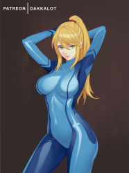 Rule 34 | 1girl, aqua eyes, arms behind head, arms up, artist name, blue bodysuit, bodysuit, breasts, brown background, collarbone, covered navel, cowboy shot, dakkalot, hair between eyes, large breasts, long hair, looking at viewer, metroid, mole, mole under mouth, nintendo, parted lips, ponytail, samus aran, sidelocks, simple background, skin tight, smile, solo, zero suit