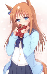Rule 34 | 1girl, animal ears, black sailor collar, black skirt, blue bow, blue cardigan, blue eyes, blush, bow, box, brown background, brown hair, cardigan, closed mouth, commentary request, diagonal stripes, fingernails, gift, gift box, gradient background, grass wonder (umamusume), hands up, heart, heart background, holding, holding gift, horse ears, horse girl, horse tail, long fingernails, long hair, long sleeves, looking at viewer, nail polish, open cardigan, open clothes, pink nails, pleated skirt, sailor collar, school uniform, serafuku, shirt, skirt, sleeves past wrists, smile, solo, sonosakiburi, striped, tail, umamusume, very long hair, white background, white shirt