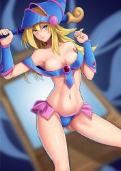 Rule 34 | 1girl, adapted costume, bare shoulders, bikini, blonde hair, blue background, blue eyes, blush, bracer, breasts, collarbone, dark magician girl, gluteal fold, hat, highres, long hair, medium breasts, narrow waist, navel, nico-mo, off shoulder, parted lips, solo, staff, swimsuit, wizard hat, yu-gi-oh!