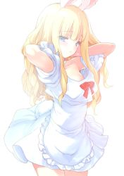 Rule 34 | 1girl, adjusting hair, animal ears, apron, arms behind head, arms up, blonde hair, blue eyes, rabbit ears, rabbit tail, dress, elin, emily (pure dream), hand on own face, highres, long hair, oversized clothes, simple background, solo, tail, tera online, waist apron, white background, white dress