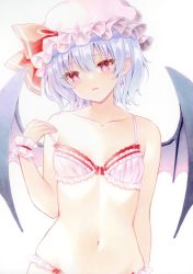 Rule 34 | 1girl, bat wings, black wings, blush, bra, breasts, fang, hat, highres, light smile, looking at viewer, mob cap, navel, open mouth, panties, remilia scarlet, ribbon, simple background, skin fang, small breasts, solo, touhou, underwear, white background, wings, wrist cuffs, y na1211