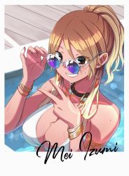 1girl absurdres adjusting_eyewear armlet between_breasts bikini bikini_top_only black_eyes blonde_hair bracelet breasts brown_hair character_name choker cleavage collarbone earrings feather_earrings feathers gradient_hair grin gyaru highres hoop_earrings houraijin huge_filesize idolmaster idolmaster_shiny_colors izumi_mei jewelry large_breasts long_hair looking_at_viewer multicolored_hair multiple_earrings necklace ponytail pool poolside smile solo sunglasses sunlight swimsuit tan tinted_eyewear v water_drop