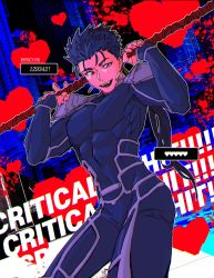 Rule 34 | 1boy, abs, armor, beads, blood, blood splatter, blue bodysuit, blue hair, bodysuit, cowboy shot, critical hit, cu chulainn (fate), cu chulainn (fate/stay night), earrings, english text, fangs, fate/stay night, fate (series), gae bolg (fate), grin, hair beads, hair ornament, heart, highres, holding, holding polearm, holding weapon, jewelry, long hair, looking at viewer, male focus, muscular, muscular male, open mouth, pauldrons, pectorals, polearm, polearm behind back, ponytail, red eyes, shoulder armor, skin tight, smile, solo, spiked hair, weapon, yangga909