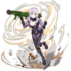 Rule 34 | 1girl, black gloves, bodysuit, breasts, cleavage, cleavage cutout, clothing cutout, full body, gloves, hair between eyes, highres, holding, holding weapon, large breasts, leg up, long hair, looking at viewer, m1 bazooka, mole, mole on breast, official art, pink hair, red eyes, rocket launcher, smile, solo, strea (sao-alo), sword art online, transparent background, weapon