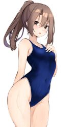 Rule 34 | 1girl, blue one-piece swimsuit, breasts, brown eyes, brown hair, commentary request, competition swimsuit, covered navel, cowboy shot, hand on own chest, highleg, highleg swimsuit, highres, kantai collection, looking at viewer, one-piece swimsuit, ponytail, simple background, small breasts, solo, swimsuit, translation request, white background, zarashi, zuihou (kancolle)