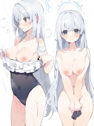 Rule 34 | 1girl, absurdres, blue archive, blush, breasts, cleavage, clothes pull, collarbone, completely nude, covering privates, covering crotch, frilled one-piece swimsuit, frills, grey hair, groin, halo, highres, long hair, looking at viewer, medium breasts, meunhongcha, miyako (blue archive), miyako (swimsuit) (blue archive), multiple views, navel, nipples, nude, one-piece swimsuit, one-piece swimsuit pull, simple background, straight hair, sweatdrop, swimsuit, very long hair, white background