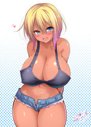 Rule 34 | 1girl, blonde hair, blue eyes, blush, breasts, c.r., cleavage, covered erect nipples, crop top, curvy, dark skin, gyaru, highres, huge breasts, kogal, looking at viewer, micro shorts, mole, mole on breast, multicolored hair, navel, no bra, no panties, open clothes, open shorts, original, short hair, shorts, signature, solo, tan, thick thighs, thighs, open fly, wide hips