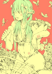 Rule 34 | 1girl, antennae, bikini, bikini top only, bouquet, bow, breasts, bug, butterfly, collarbone, facial tattoo, flower, flower necklace, gloves, green hair, hair bow, hair ornament, hair ribbon, hairclip, hatsune miku, highres, holding, holding microphone, hsumiaochan, insect, jewelry, leaf, lifebuoy, long hair, medium breasts, microphone, microphone stand, navel, necklace, open mouth, petals, red background, ribbon, sitting, solo, stomach, stomach tattoo, swim ring, swimsuit, tattoo, thick thighs, thighhighs, thighs, twintails, vocaloid, yellow butterfly, yellow theme