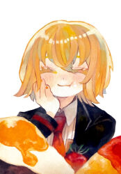 Rule 34 | 1girl, black jacket, blonde hair, chewing, closed eyes, closed mouth, collared shirt, colored eyelashes, commentary request, don quixote (project moon), food, fried egg, hand on own cheek, hand on own face, jacket, limbus company, long sleeves, mochigome 138, necktie, omelet, omurice, open clothes, open jacket, orange nails, project moon, red necktie, shirt, smile, solo, white shirt