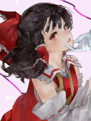 Rule 34 | 1girl, absurdres, bare shoulders, blush, bow, brown hair, collar, detached sleeves, eneshi, frilled bow, frilled collar, frilled hair tubes, frills, gloves, hair bow, hair tubes, hakurei reimu, highres, lips, long sleeves, looking at viewer, medium hair, neck ribbon, nose, nose blush, open mouth, parted lips, pink background, red bow, red eyes, red ribbon, red vest, ribbon, ribbon-trimmed sleeves, ribbon trim, sarashi, sidelocks, simple background, teeth, touhou, vest, white gloves, wide sleeves, yakumo yukari, yellow ribbon