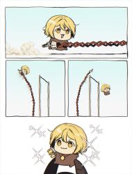 Rule 34 | 1boy, 1girl, :3, blonde hair, chibi, closed mouth, comic, commentary request, dbgodb, don quixote (project moon), dot nose, film grain, highres, holding, holding sword, holding trophy, holding weapon, korean commentary, lifting person, limbus company, medal, meursault (project moon), open mouth, pole vault, project moon, running, short hair, silent comic, smile, sparkle, sword, trophy, weapon, yellow eyes