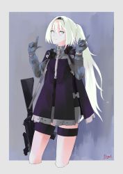 Rule 34 | 1girl, absurdres, an-94, an-94 (girls&#039; frontline), an-94 (mod3) (girls&#039; frontline), aqua eyes, arms up, artist name, assault rifle, black hairband, blonde hair, border, breasts, closed mouth, feet out of frame, girls&#039; frontline, gloves, grey gloves, gun, hairband, highres, holding, holding gun, holding weapon, index finger raised, jacket, long hair, long sleeves, looking at viewer, mod3 (girls&#039; frontline), ponytail, rifle, simple background, small breasts, smile, solo, standing, sugac, tactical clothes, weapon, white border