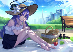 Rule 34 | 1girl, absurdres, apple, artist name, baguette, bandaid, bandaid on foot, barefoot, basket, bench, black halo, black skirt, bld zi, blue archive, blue eyes, blue sky, bread, brown hat, building, day, feet, flower, food, frills, from side, fruit, grass, green apple, grin, halo, hand on own cheek, hand on own face, hand up, hat, hat flower, high heels, highres, knees up, korean commentary, legs, light blush, long hair, looking at viewer, outdoors, park bench, parted lips, picnic, picnic basket, pleated skirt, purple hair, red apple, red footwear, sandals, shirt, shoes, skirt, sky, skyscraper, smile, solo, straw hat, toenails, toes, twitter username, unworn sandals, unworn shoes, white flower, white shirt, yuuka (blue archive)
