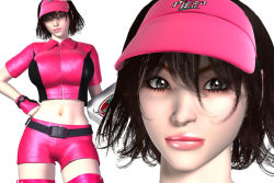 Rule 34 | 1girl, 3d, belt, black hair, breasts, brown eyes, fingerless gloves, gloves, hat, huge breasts, looking at viewer, navel, pizza box, pizza takeout obscenity, rika yagyu, short hair, shorts, smile, solo, thick lips, umemaro, visor cap