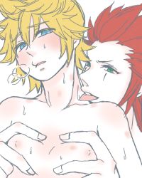 Rule 34 | 2boys, age difference, artist request, axel, blush, kingdom hearts, male focus, multiple boys, roxas, size difference, tagme, yaoi